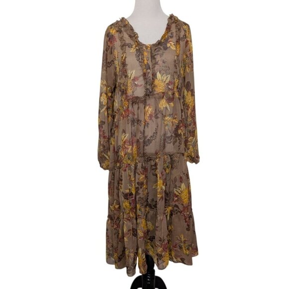 Laura Ashley Dresses & Skirts - Laura Ashley Floral Sheer Midi Dress Womens Size Large Brown Ruffle Tiered